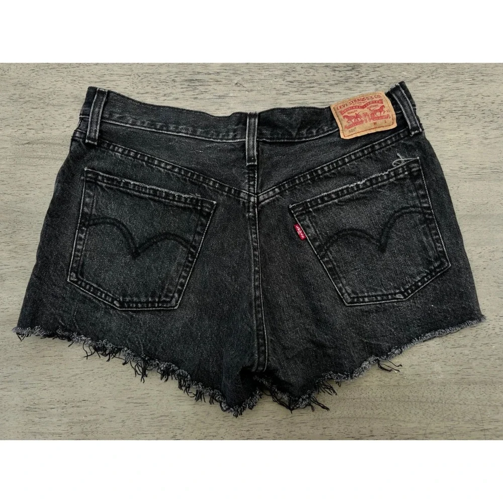 Levis 501 Original High Rise Denim Shorts Washed Black Cut Off Button Fly W28